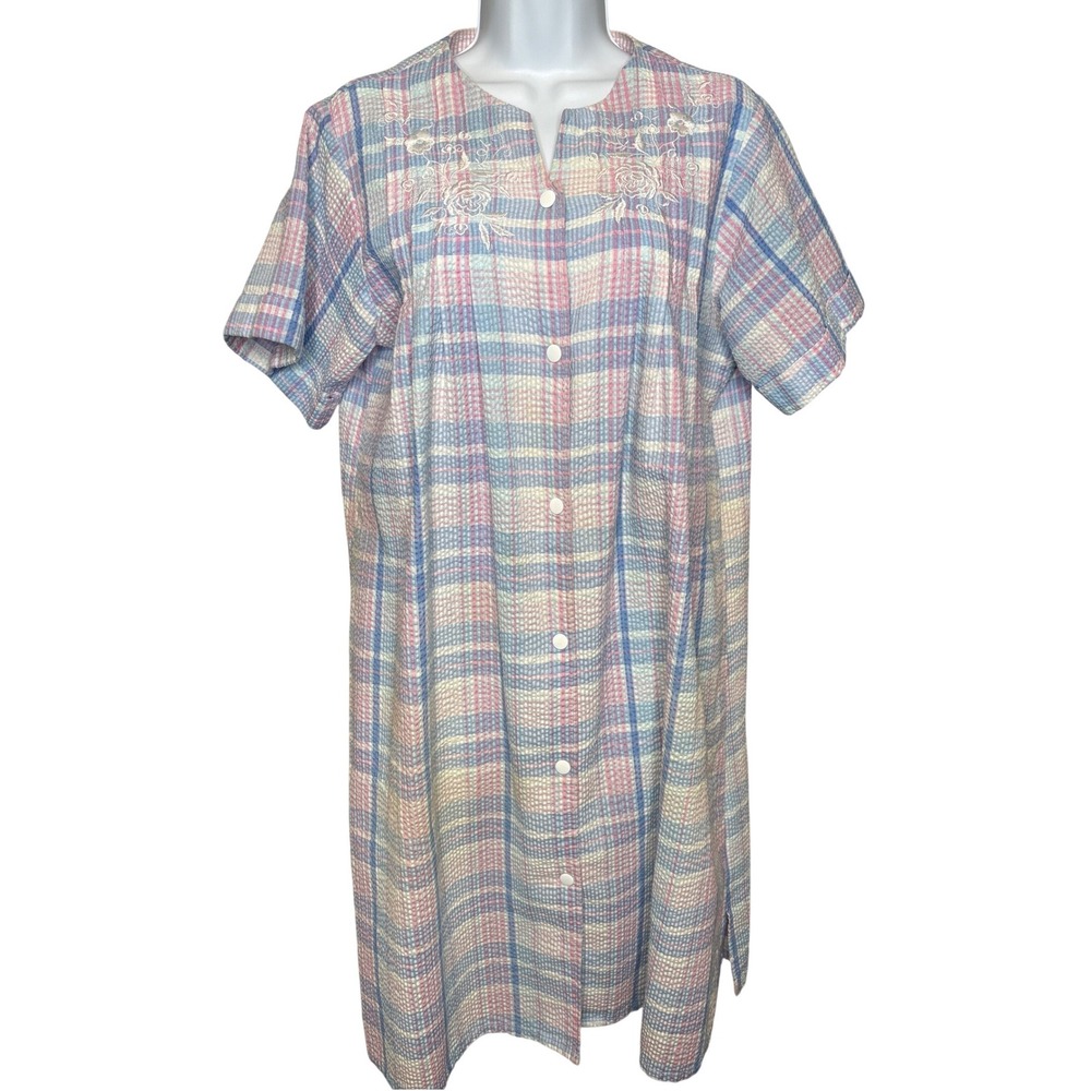 Miss Elaine Womens Pink Blue Plaid Seersucker House Coat Sz S Nursing Friendly